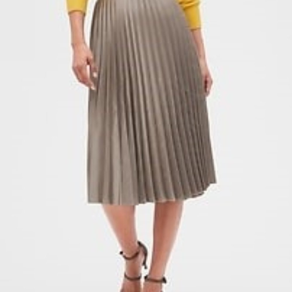 Champagne Satin Sheen Pleated Midi Skirt